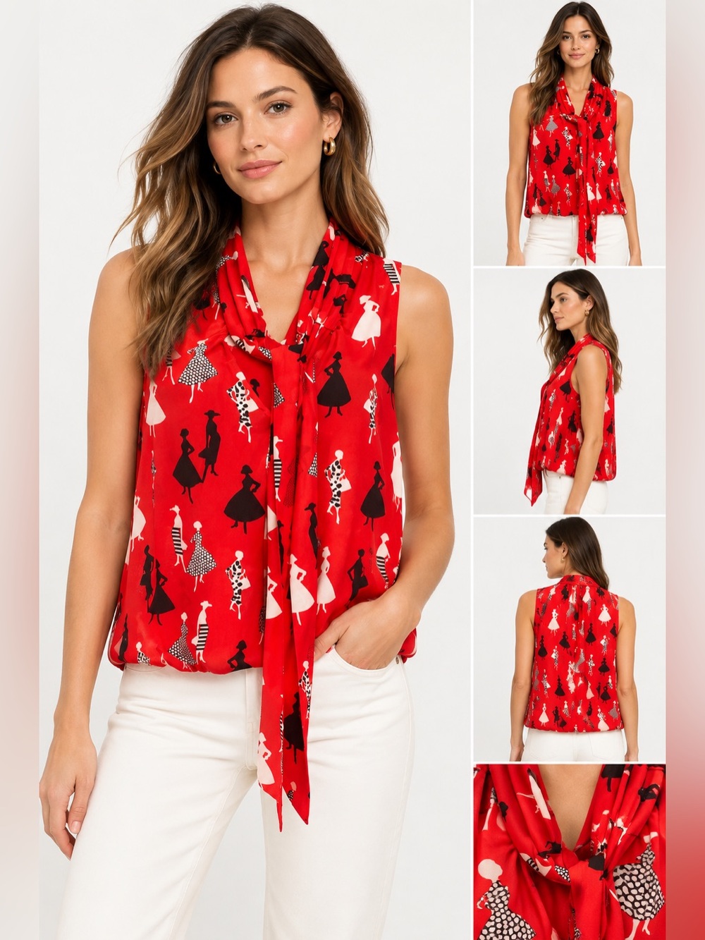Banana Republic Red Fashion Print Tie-Neck Blouse – Size M